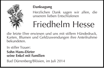 Traueranzeige von Friedhelm Hesse von Mitteldeutsche Zeitung Merseburg/Querfurt