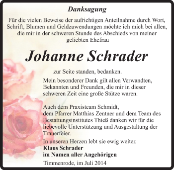 Traueranzeige von Johanne Schrader von Mitteldeutsche Zeitung Quedlinburg