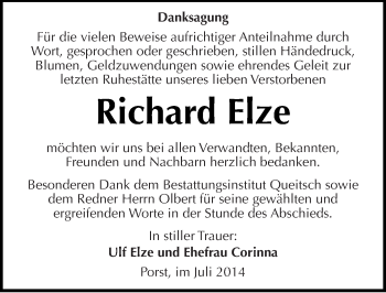 Traueranzeige von Richard Elze von Mitteldeutsche Zeitung Köthen