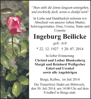 Traueranzeige von Ingeburg Beilicke von Mitteldeutsche Zeitung Sangerhausen