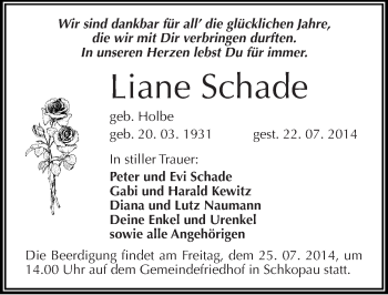 Traueranzeige von Liane Schade von Mitteldeutsche Zeitung Merseburg/Querfurt