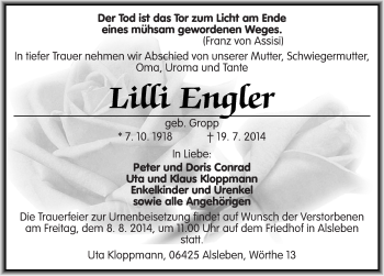 Traueranzeige von Lilli Engler von Mitteldeutsche Zeitung Halle/Saalkreis
