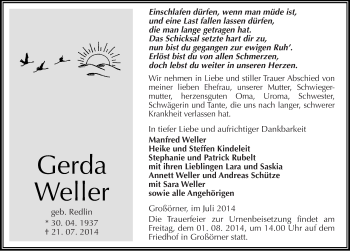 Traueranzeige von Gerda Weller von Mitteldeutsche Zeitung Mansfelder Land