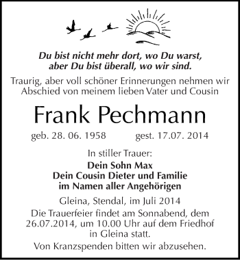 Traueranzeige von Frank Pechmann von Mitteldeutsche Zeitung Naumburg/Nebra