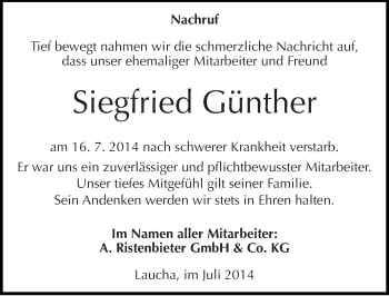 Traueranzeige von Siegfried Günther von Mitteldeutsche Zeitung Naumburg/Nebra