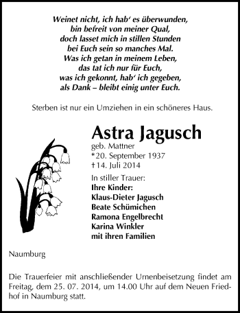 Traueranzeige von Astra Jagusch von Mitteldeutsche Zeitung Naumburg/Nebra