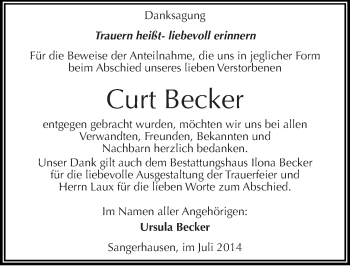 Traueranzeige von Curt Becker von Mitteldeutsche Zeitung Sangerhausen