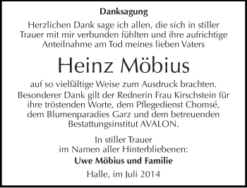 Traueranzeige von Heinz Möbius von Mitteldeutsche Zeitung Halle/Saalkreis