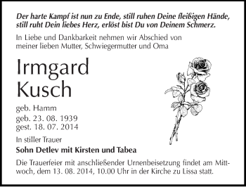 Traueranzeige von Irmgard Kusch von Mitteldeutsche Zeitung Merseburg/Querfurt