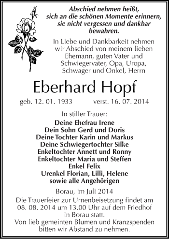 Traueranzeige von Eberhard Hopf von Mitteldeutsche Zeitung Weißenfels