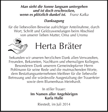 Traueranzeige von Herta Bräter von Mitteldeutsche Zeitung Sangerhausen