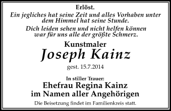 Traueranzeige von Joseph Kainz von Mitteldeutsche Zeitung Bernburg