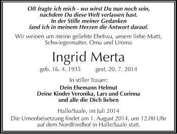Traueranzeige von Ingrid Merta von Mitteldeutsche Zeitung Halle/Saalkreis