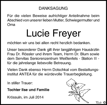 Traueranzeige von Lucie Freyer von Mitteldeutsche Zeitung Weißenfels