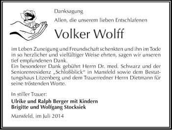 Traueranzeige von Volker Wolff von Mitteldeutsche Zeitung Mansfelder Land