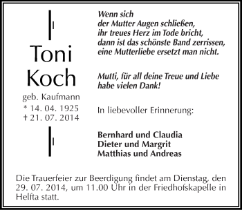Traueranzeige von Toni Koch von Mitteldeutsche Zeitung Mansfelder Land