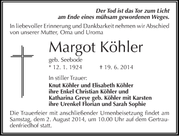 Traueranzeige von Margot Köhler von Mitteldeutsche Zeitung Halle/Saalkreis
