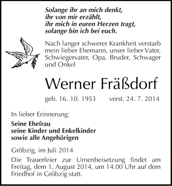 Traueranzeige von Werner Fräßdorf von Mitteldeutsche Zeitung Köthen