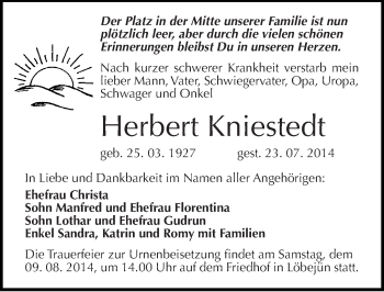 Traueranzeige von Herbert Kniestedt von Mitteldeutsche Zeitung Halle/Saalkreis