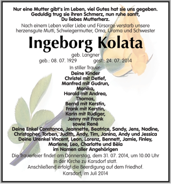 Traueranzeige von Ingeborg Kolata von Mitteldeutsche Zeitung Naumburg/Nebra