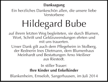 Traueranzeige von Hildegard Bube von Mitteldeutsche Zeitung Sangerhausen