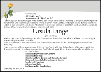 Traueranzeige von Ursula Lange von Mitteldeutsche Zeitung Naumburg/Nebra