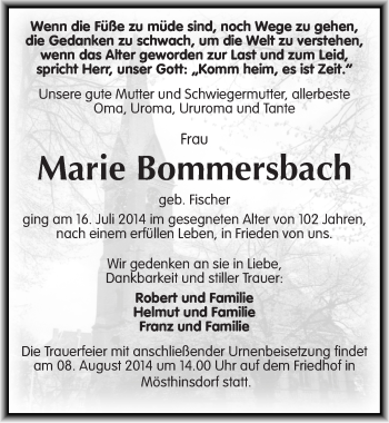 Traueranzeige von Marie Bommersbach von Mitteldeutsche Zeitung Halle/Saalkreis