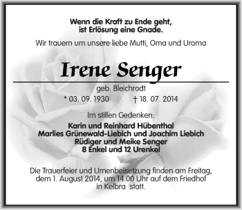 Traueranzeige von Irene Serujer von Mitteldeutsche Zeitung Sangerhausen