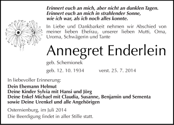 Traueranzeige von Annegret Enderlein von Mitteldeutsche Zeitung Köthen