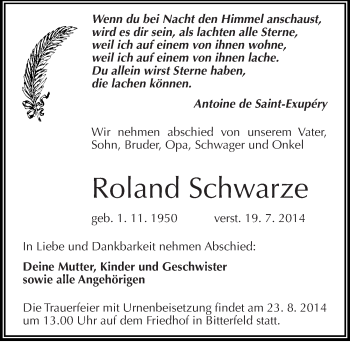 Traueranzeige von Roland Schwarze von Mitteldeutsche Zeitung Bitterfeld