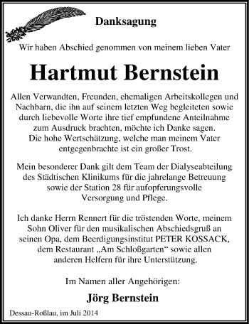 Traueranzeige von Hartmut Bernstein von Mitteldeutsche Zeitung Dessau-Roßlau