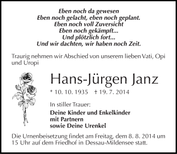 Traueranzeige von Hans-Jürgen Janz von Mitteldeutsche Zeitung Dessau-Roßlau