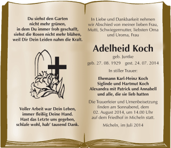 Traueranzeige von Adelheid Koch von Mitteldeutsche Zeitung Köthen