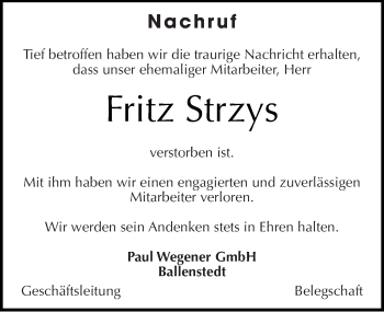 Traueranzeige von Fritz Otto Strzys von Mitteldeutsche Zeitung Quedlinburg