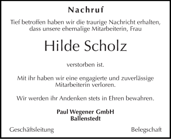 Traueranzeige von Hilde Scholz von Mitteldeutsche Zeitung Quedlinburg