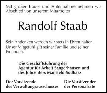 Traueranzeige von Randolf Staab von Mitteldeutsche Zeitung Mansfelder Land