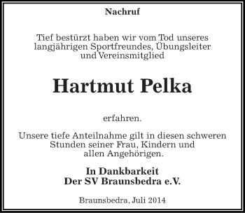 Traueranzeige von Hartmut Pelka von Mitteldeutsche Zeitung Merseburg/Querfurt
