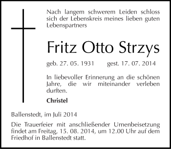 Traueranzeige von Fritz Otto Strzys von Mitteldeutsche Zeitung Quedlinburg