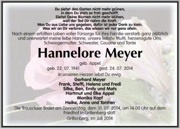 Traueranzeige von Hannelore Meyer von Mitteldeutsche Zeitung