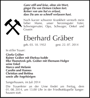 Traueranzeige von Eberhard Gräber von Mitteldeutsche Zeitung Sangerhausen