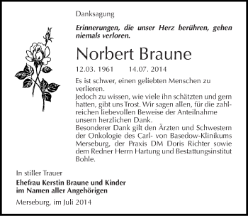 Traueranzeige von Norbert Braune von Mitteldeutsche Zeitung Merseburg/Querfurt