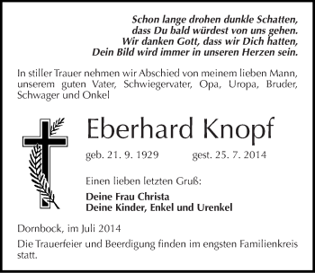 Traueranzeige von Eberhard Knopf von Mitteldeutsche Zeitung Köthen
