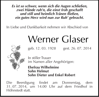 Traueranzeige von Werner Glaser von Mitteldeutsche Zeitung Halle/Saalkreis