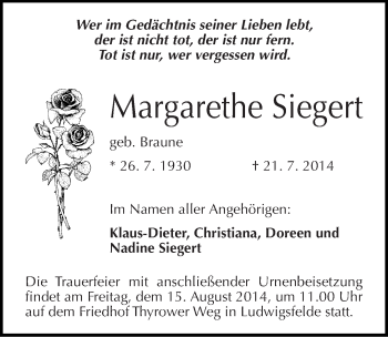 Traueranzeige von Margarethe Siegert von Mitteldeutsche Zeitung Köthen