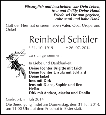 Traueranzeige von Reinhold Schüler von Mitteldeutsche Zeitung Wittenberg