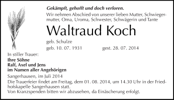 Traueranzeige von Waltraud Koch von Mitteldeutsche Zeitung Sangerhausen