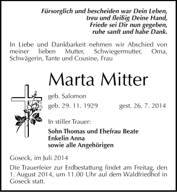 Traueranzeige von Marta Mitter von Mitteldeutsche Zeitung Weißenfels