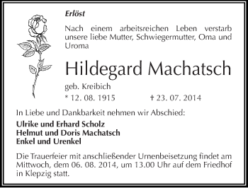 Traueranzeige von Hildegard Machatsch von Mitteldeutsche Zeitung Halle/Saalkreis