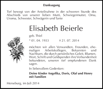 Traueranzeige von Elisabeth Beierle von Mitteldeutsche Zeitung Merseburg/Querfurt