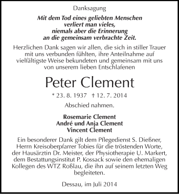 Traueranzeige von Peter Clement von Mitteldeutsche Zeitung Dessau-Roßlau